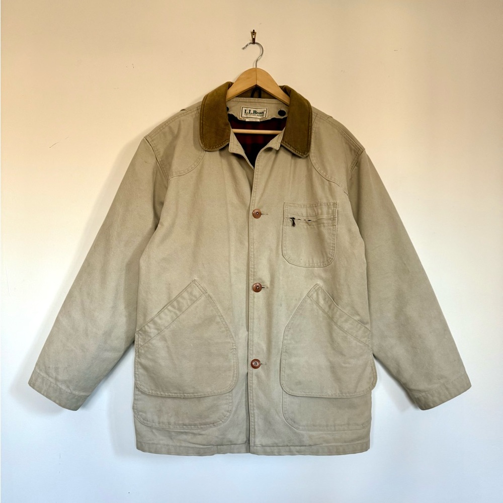 Tan and brown LL Bean hunting jacket with detachable wool liner